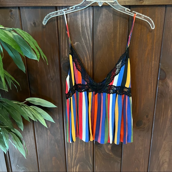 ZARA TRF Trafaluc Colorful Rainbow Striped Lace Trim Cami Tank Top Blouse - Picture 2 of 6
